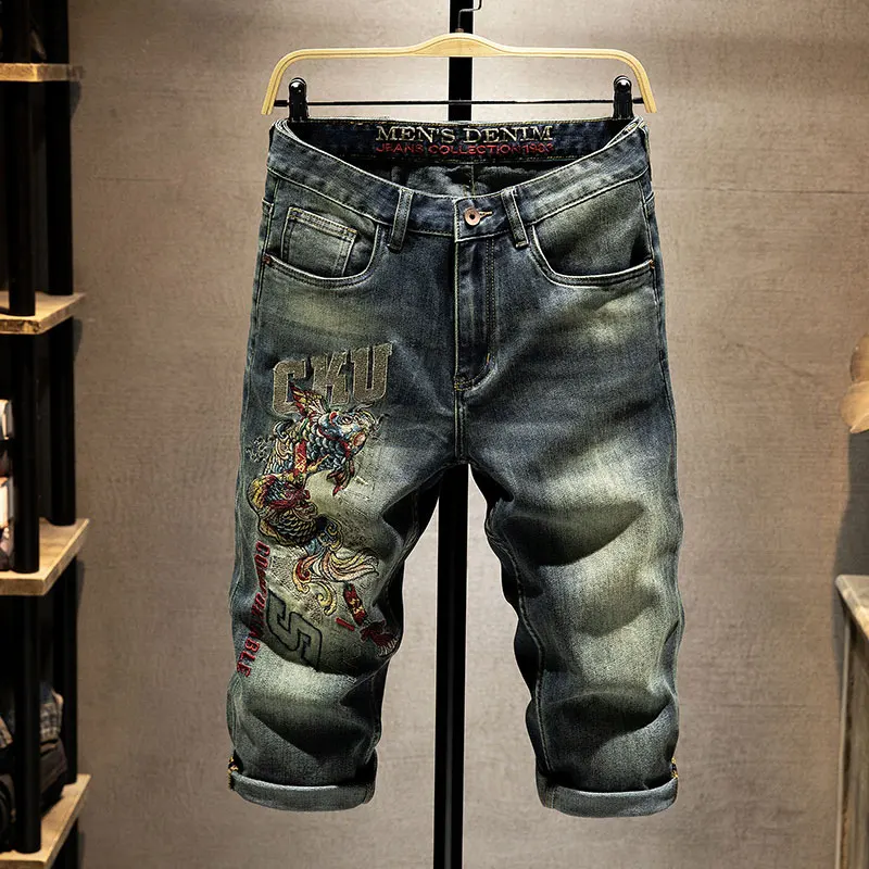 Short en jean court brodé Koi pour homme, style chinois, rue rétro, décontracté, pantalon moyen haut de gamme, été