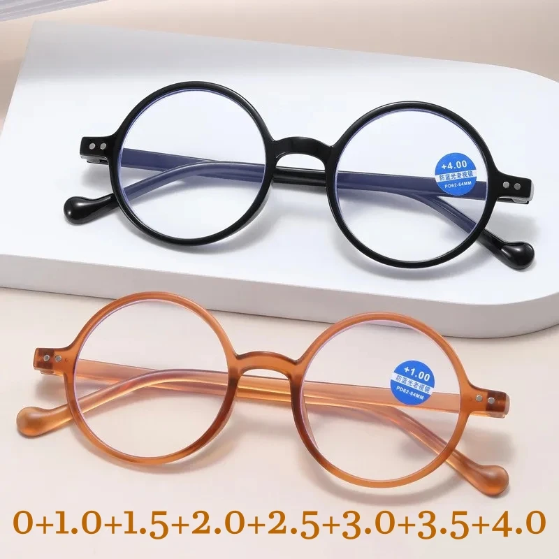 Women Retro Blue Light Blocking Reading Glasses Men Small Round Frame Far Sight Eyewear Ultralight Transparent Presbyopia  +4.0