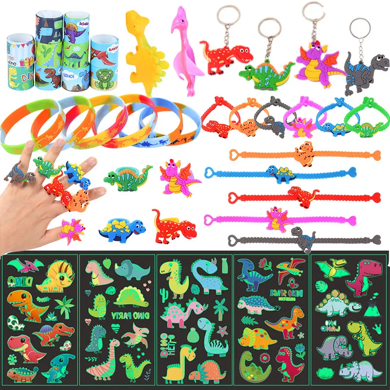 60pcs Dinosaur Themed Birthday Party Decor Dino Bracelet Ring Key Chain Toys For Kids Favors Birthday Gift Pinata Fillers Prizes