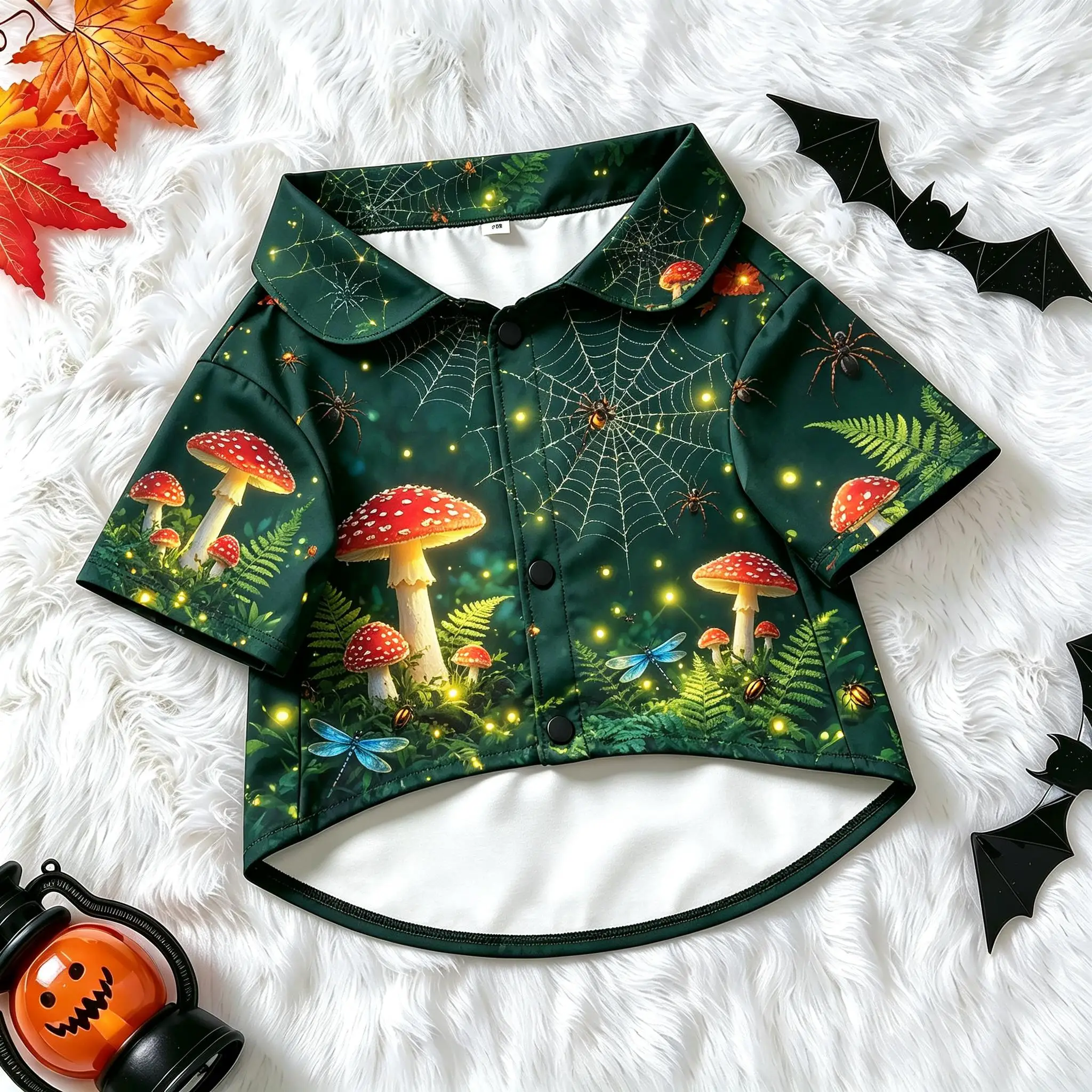 Pet Dog Shirt Green Mushroom Fairy Dragonfly Forest Print Breathable Button Up for Small Medium Dogs Woodland Theme Daily Wear