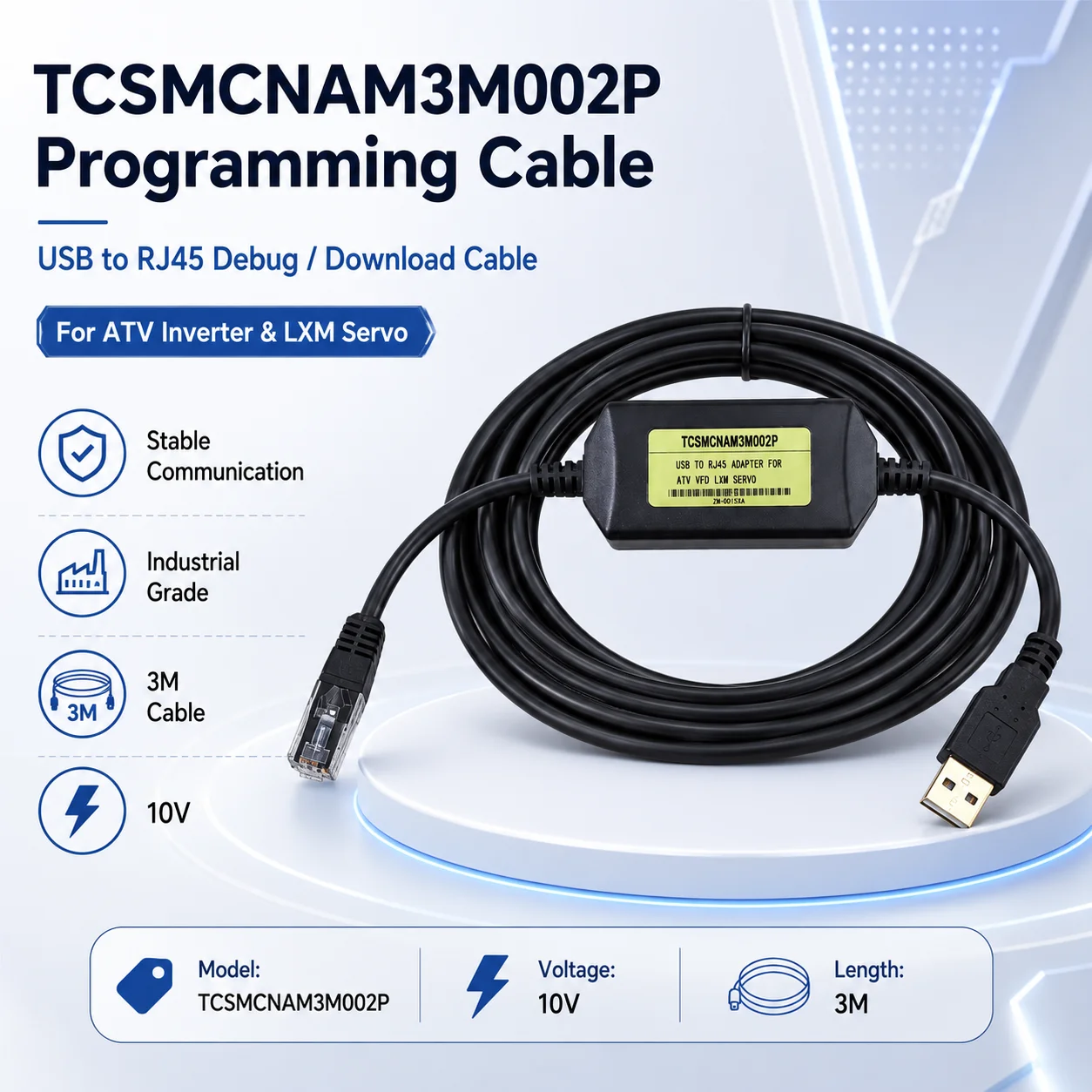TCSMCNAM3M002P 3M Industrial Programming Cable, USB to RJ45 Data Download Lead for Schneider ATV Inverter and LXM Servo