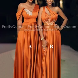 Appliques Beads One Shoulder Bridesmaid Dresses Pleat A Line Orange Customized Sleeveless Long Wedding Guest Dress Maid Of Honor