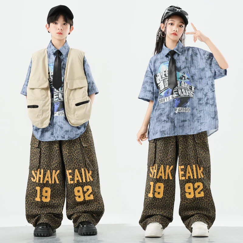 男の子ヒップホップ服ベストカーゴパンツ女の子 K-pop ストリートダンス衣装チョッキ子供服セット子供ショークールな衣装