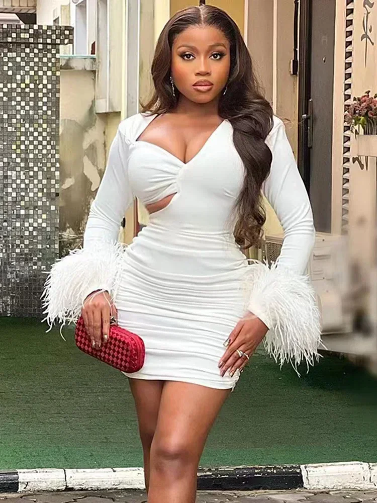 Guwu pena bainha manga longa assimétrico com decote em v recorte lateral ruched empilhado sexy bodycon vestido oco para fora vestidos de festa femininos