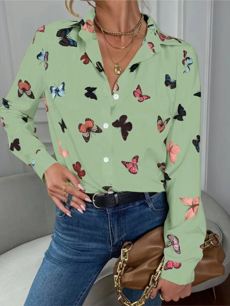 여성을위한 여름 여성의 유행 인쇄 긴 소매 셔츠 나비 인쇄 옷깃 셔츠