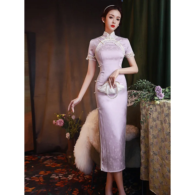 

Modified Cheongsam 2023 New Chi-Pao Spring Summer Retro Chinese Style Daily Girls Long Section Short-Sleeved Dress