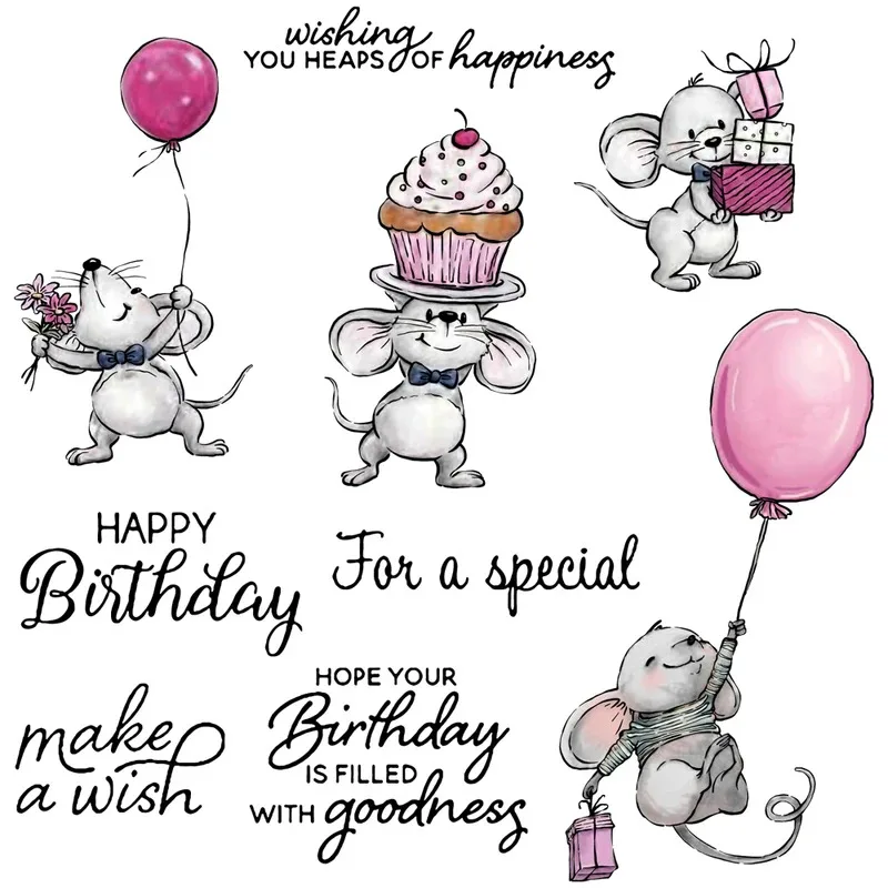 

Adorable Mouse And Cake Metal Cutting Dies Clear Stamp Happy Birthday Scrapbooking Decor DIY Cut Dies Stamps For Card
