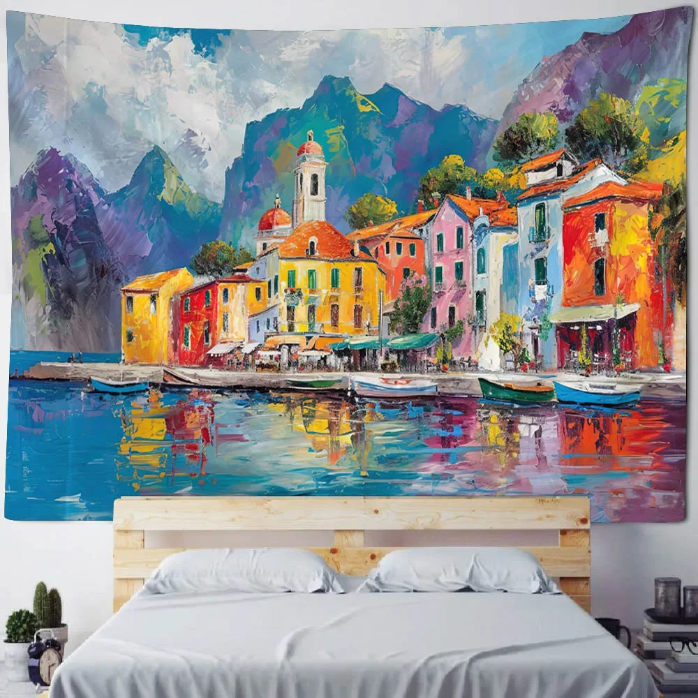 Sea view oil painting printed tapestry wall hanging living room bedroom wall decoration outdoor picnic bed sheets beach mats