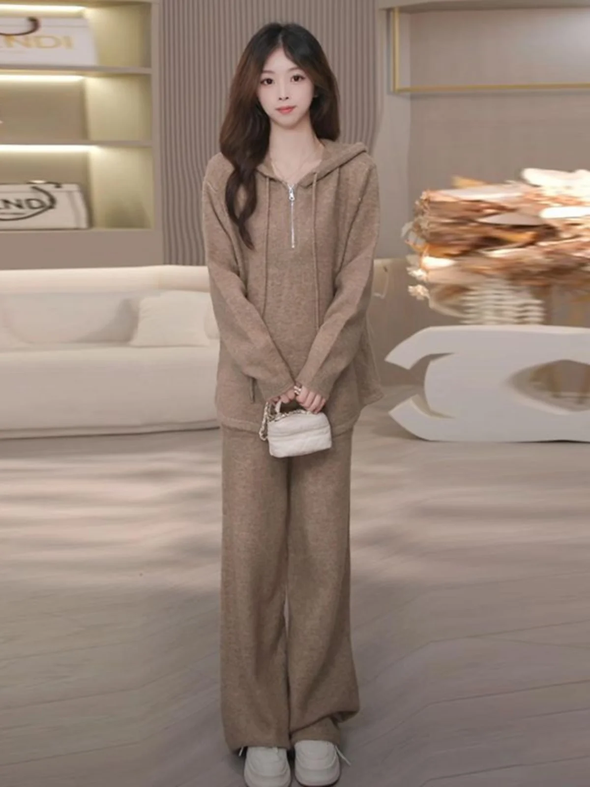 

Loose Slimming Lazy Style Women's Hooded Sweater Pants Two-Piece Set Half Zipper Autumn Fashion New Arrival Casual Sportswear