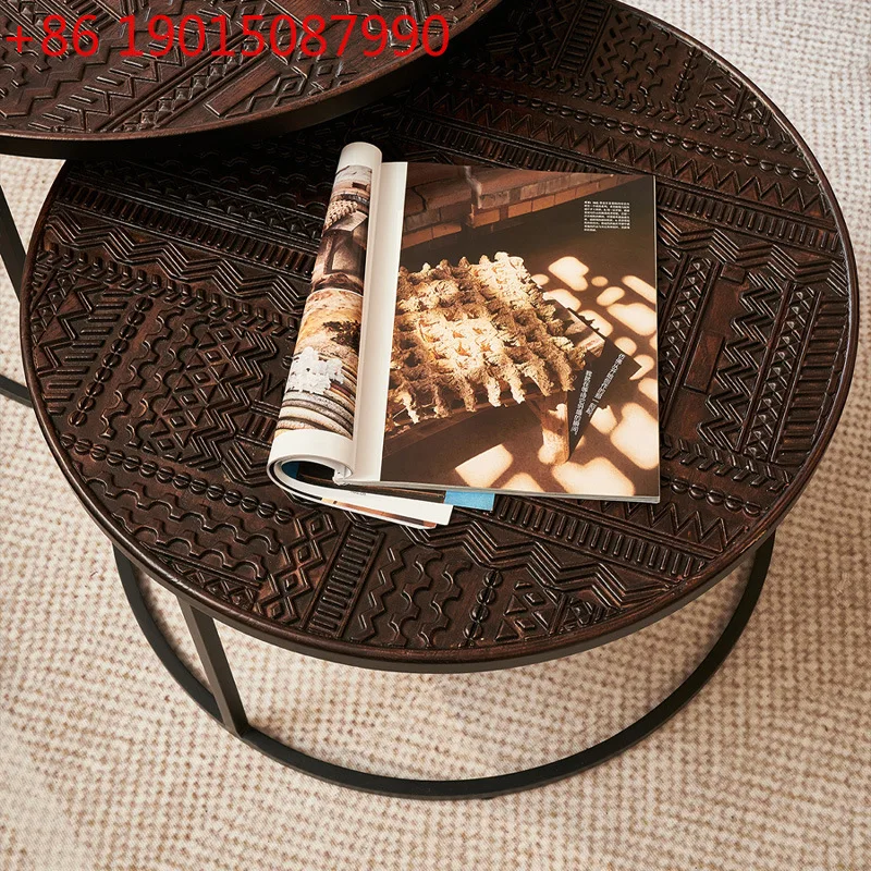 

Retro wabi-sabi wind solid wood carving flower coffee table living room high-end small apartment round combination tea table
