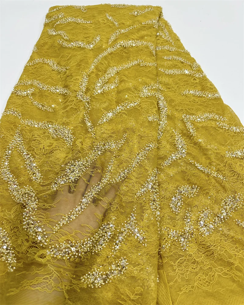 

High Quality African Gold Handmade Beaded Lace Fabirc 2024 Sewing sequins Embroidery Nigreian Lace Fabric Women Wedding Dress