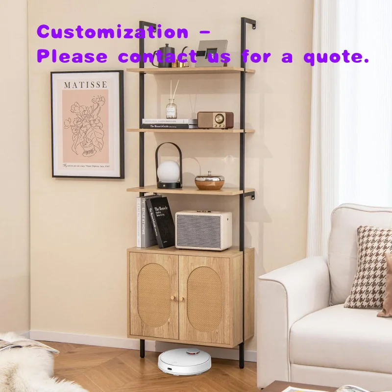 custom.Modern Tall Wall-Mounted Bookshelf with Open Rattan Storage Compartment Sturdy Metal Frame Display Rack Living Bedroom Sc