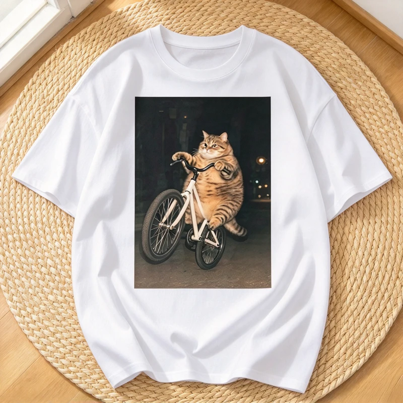Funny Fat Tabby Cat Riding Bicycle T Shirt Retro Animal Graphic Tee Casual Cotton Short Sleeve Gift for Cat Lover Pet Fans Tops