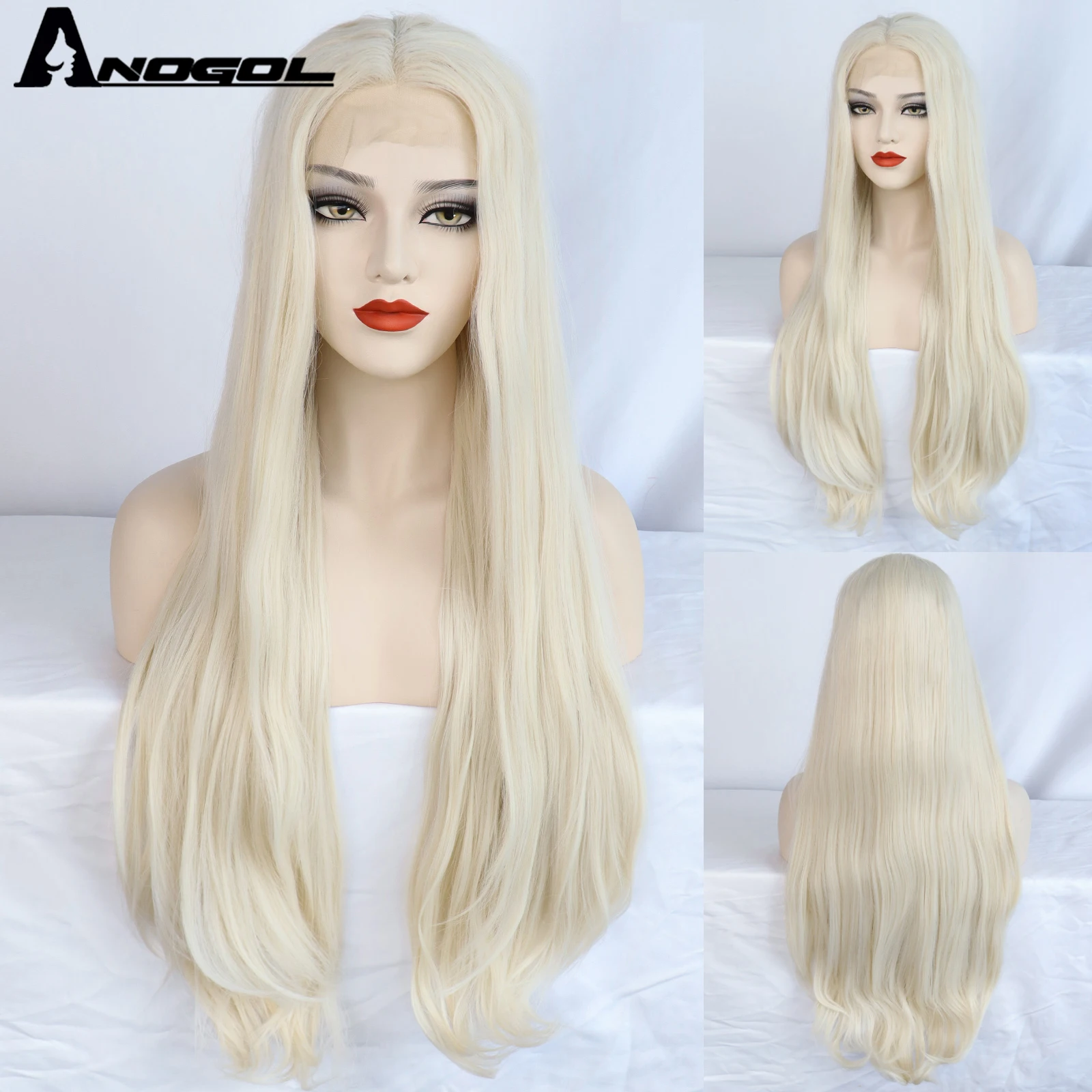 ANOGOL Synthetic T Part Lace White Wigs For Black Women 32inch Long Straight Hair Wig Transparent Lace Preplucked Gluesless Wig