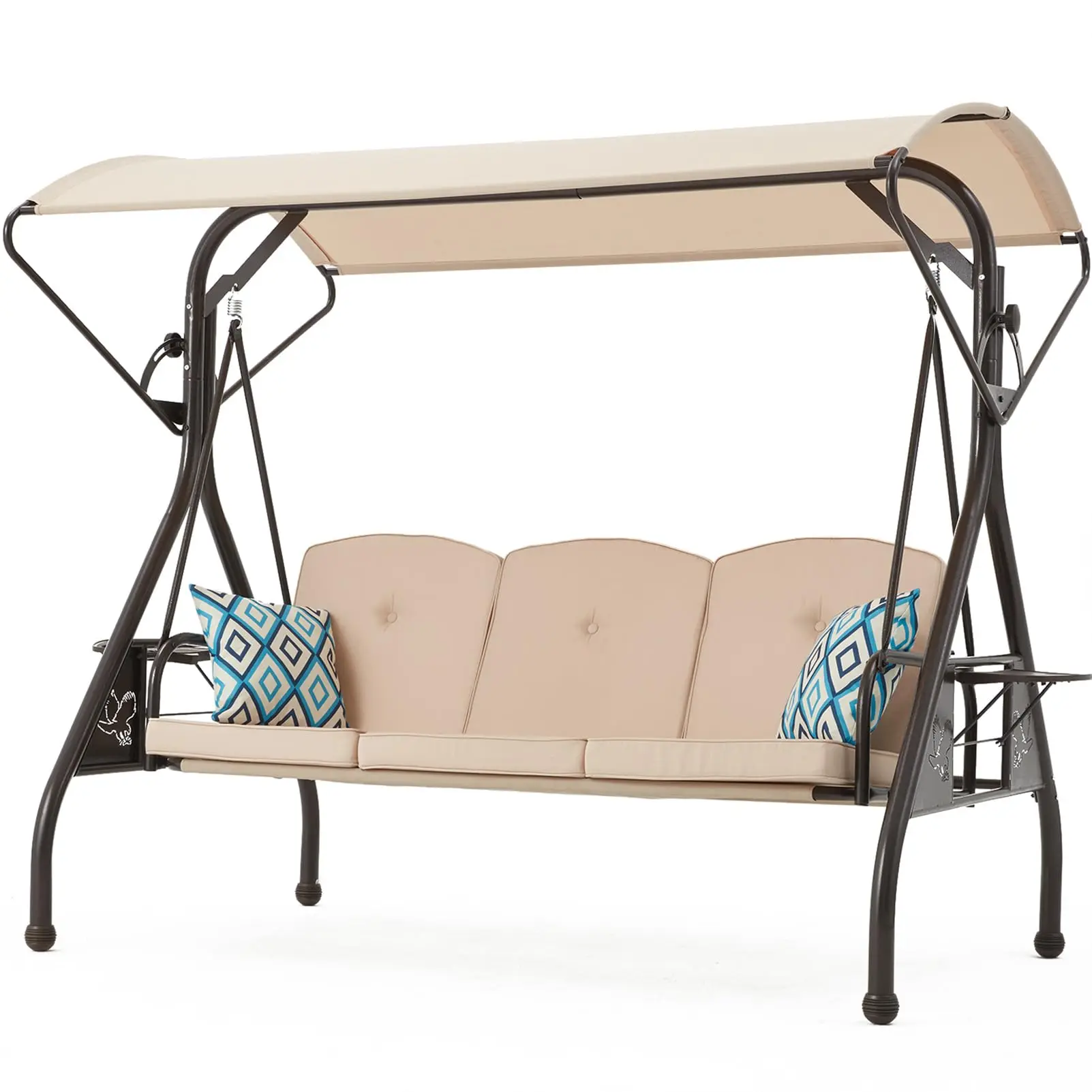 800LBS Patio Swing with Canopy 3 Seat Outdoor Porch Swing with Stand w/Cup Holder & Pillow Glider Chair Swing Bed for