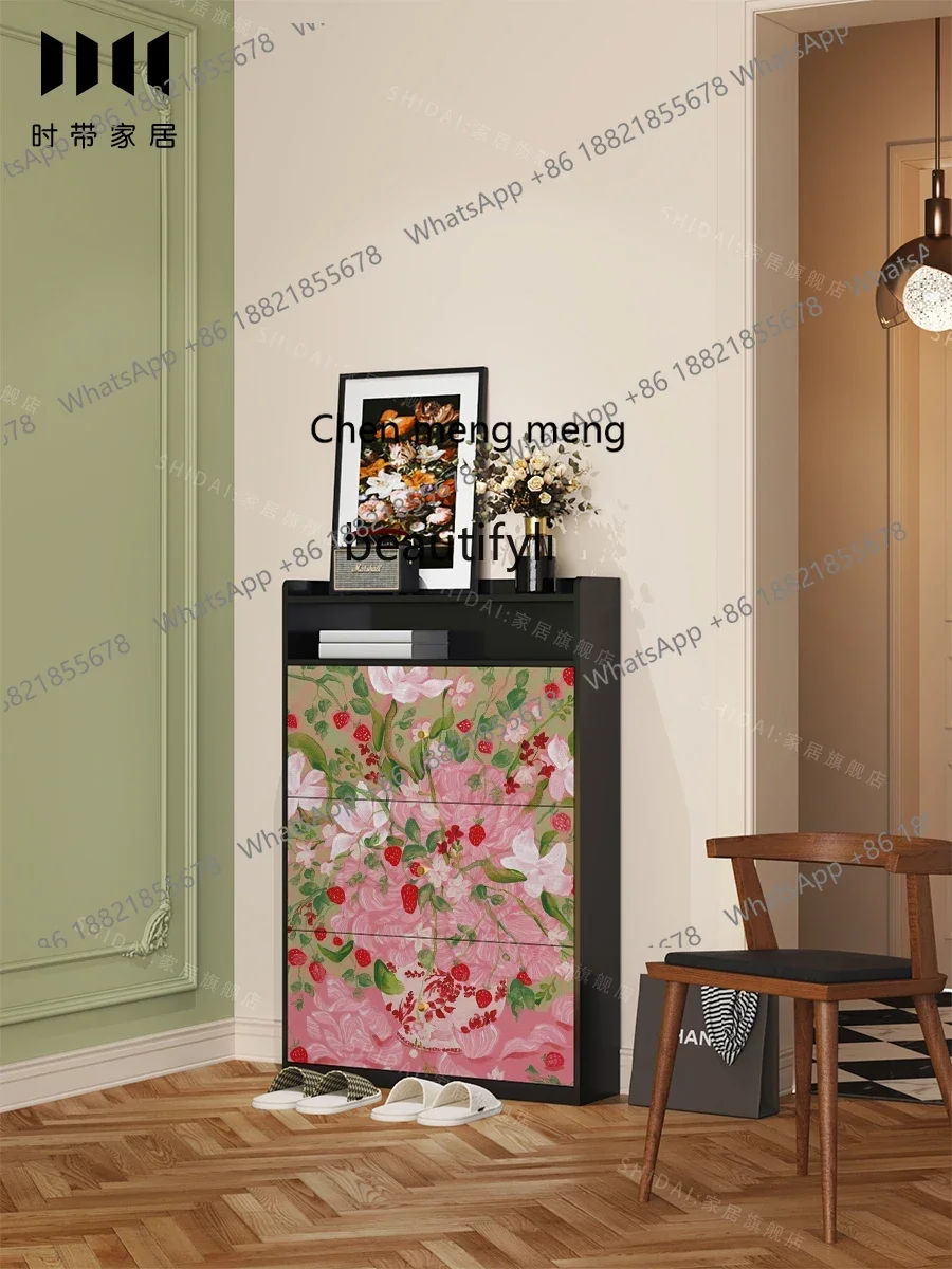 New arrive Retro solid wood ultra-thin tipping bucket shoe cabinet, entrance storage integrated cabinet, living room wall storag