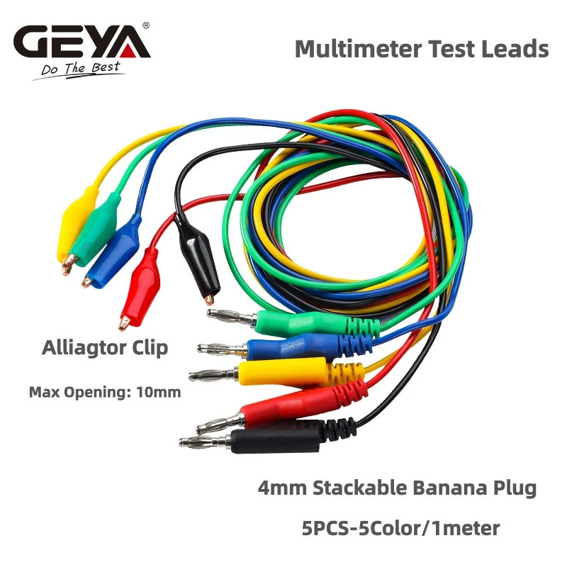 GEYA 5 Stück 4mm stapelbare Bananenstecker auf Krokodilklemmen Testkabel, langlebige Multimeter-Testkabel 1M