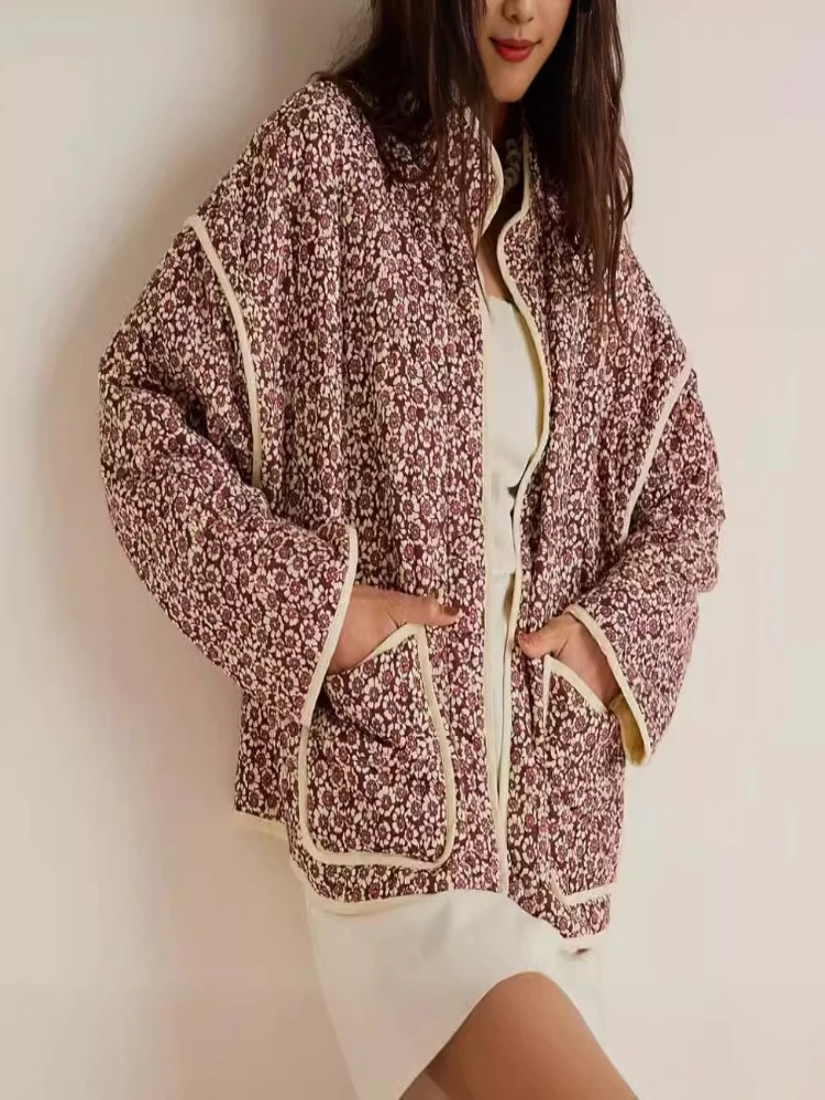 

New Women's Floral/Gingham Print Lightweight Quilted Parkas Woman Long Sleeve Pockets Vintage Winter Jacket Coat Streetwear Tops