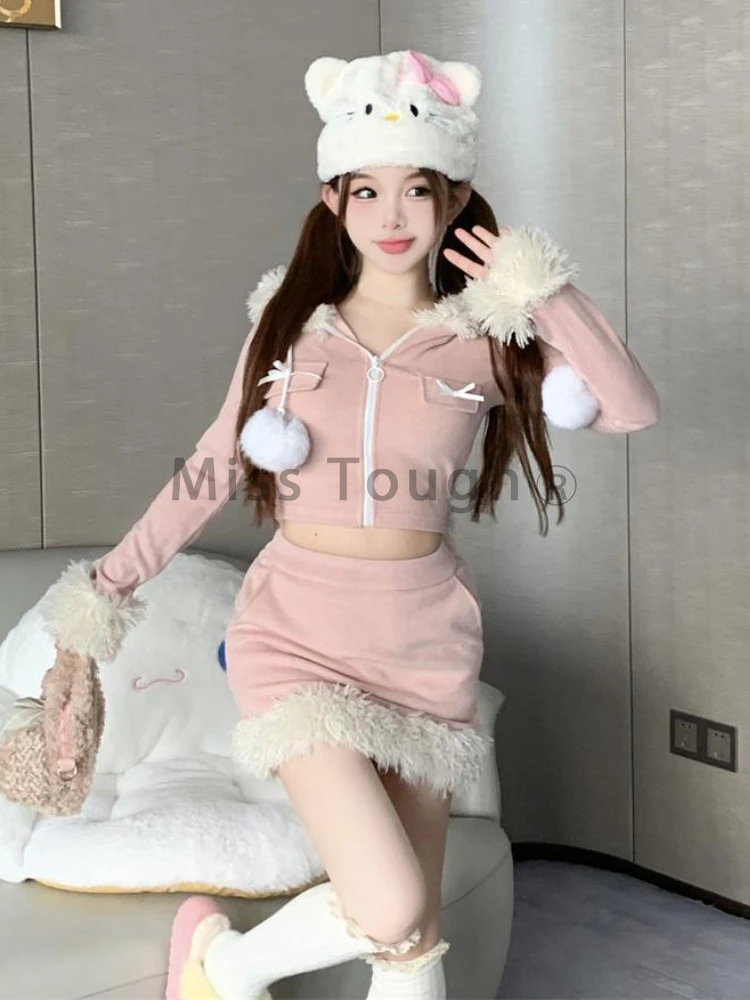 Pink Japanese Kawaii Two Piece Set Women Korean Style Casual Y2k Skirt Suit Female Patchwork Bow Hooded Coat＋Mini Skirt 2023