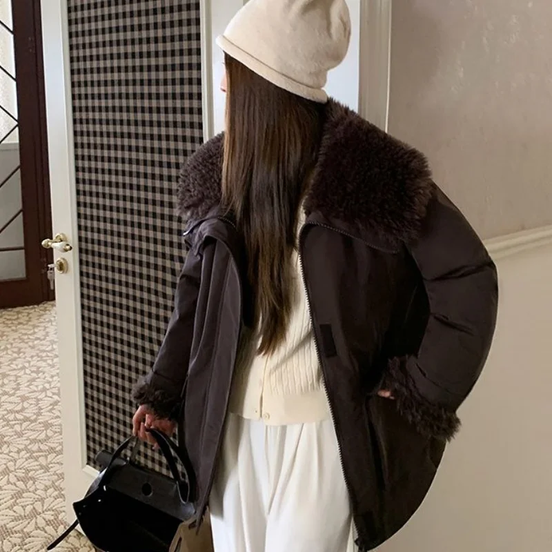 

Зимняя флисовая стеганая куртка 2025 года, женские парки с воротником с лацканами, свободные теплые стеганые пальто, ветрозащитная толстая теплая верхняя одежда для женщин