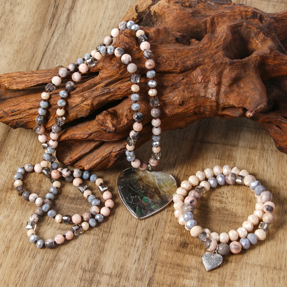 Fashion Bohemian Ethnic Style 6mm Natural Stone Glass Necklace Cracked Heart Shell Pendant, 2pcs Elastic Stack Bracelet Set