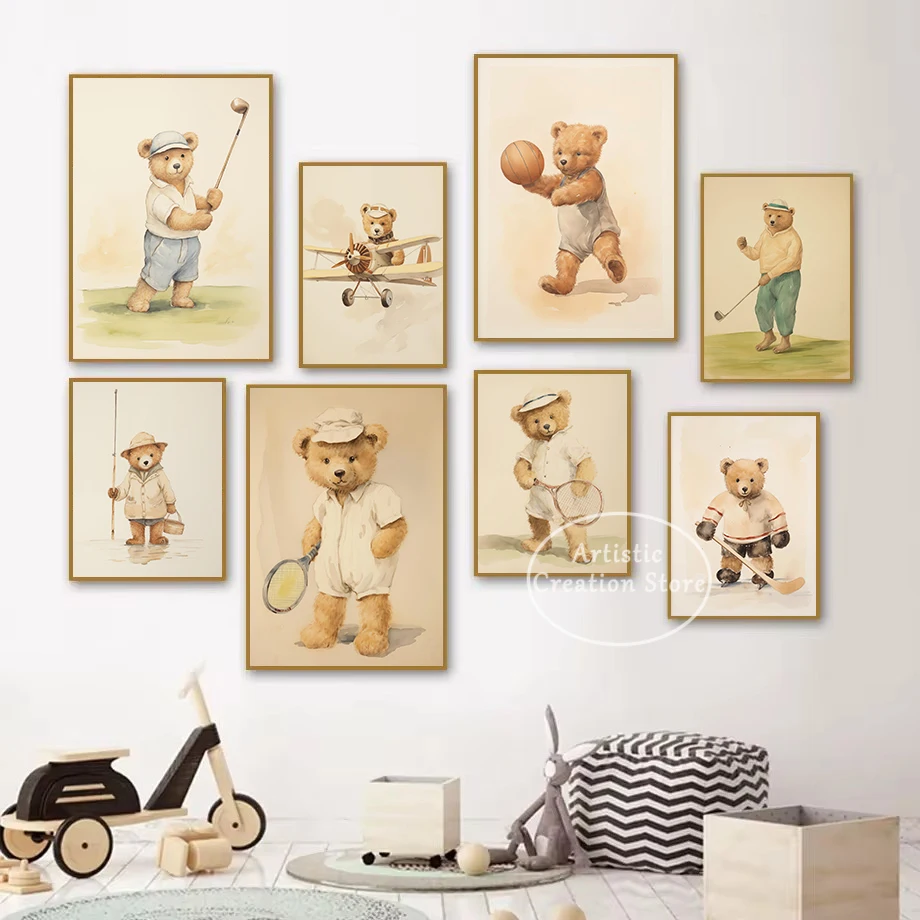 Boho Watercolor Cute Bear Ball Sports Golf Nursery Cartoon Poster Canvas Painting Wall Art Pictures Home Kid's Room Decor