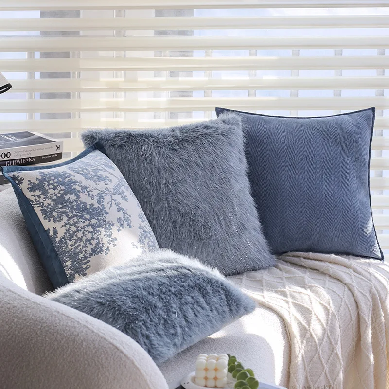 Light Luxury Blue Pillowcase Living Room Sofa Cushions Cover Model Room Hotel Window Cushions Cover Without Core