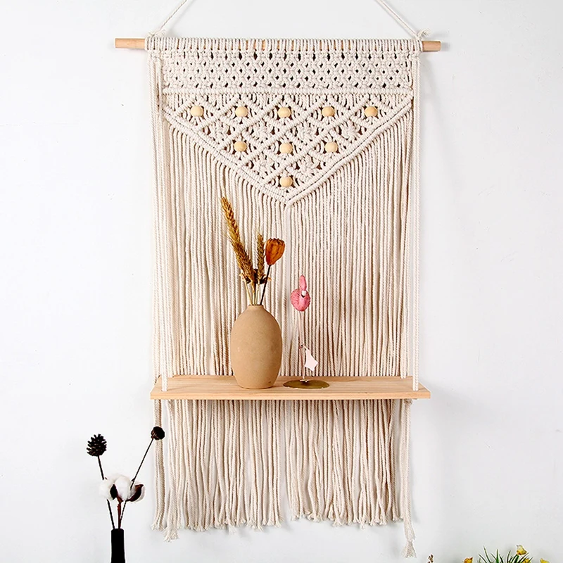 LUDA Boho Macrame Wall Hanging Shelf Handmade Woven Tassel Tapestry Rack Wood Organizer Wall Floating Hanger For Home Decor