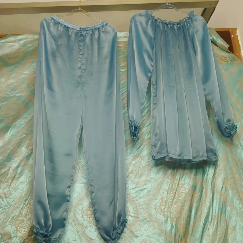 Sexy Silky Chiffon Sleepwear Set Ruffled Loose Soft Long Sleeve Top Pants Sheer Couple Loungewear Two-Piece Set Party Clothing