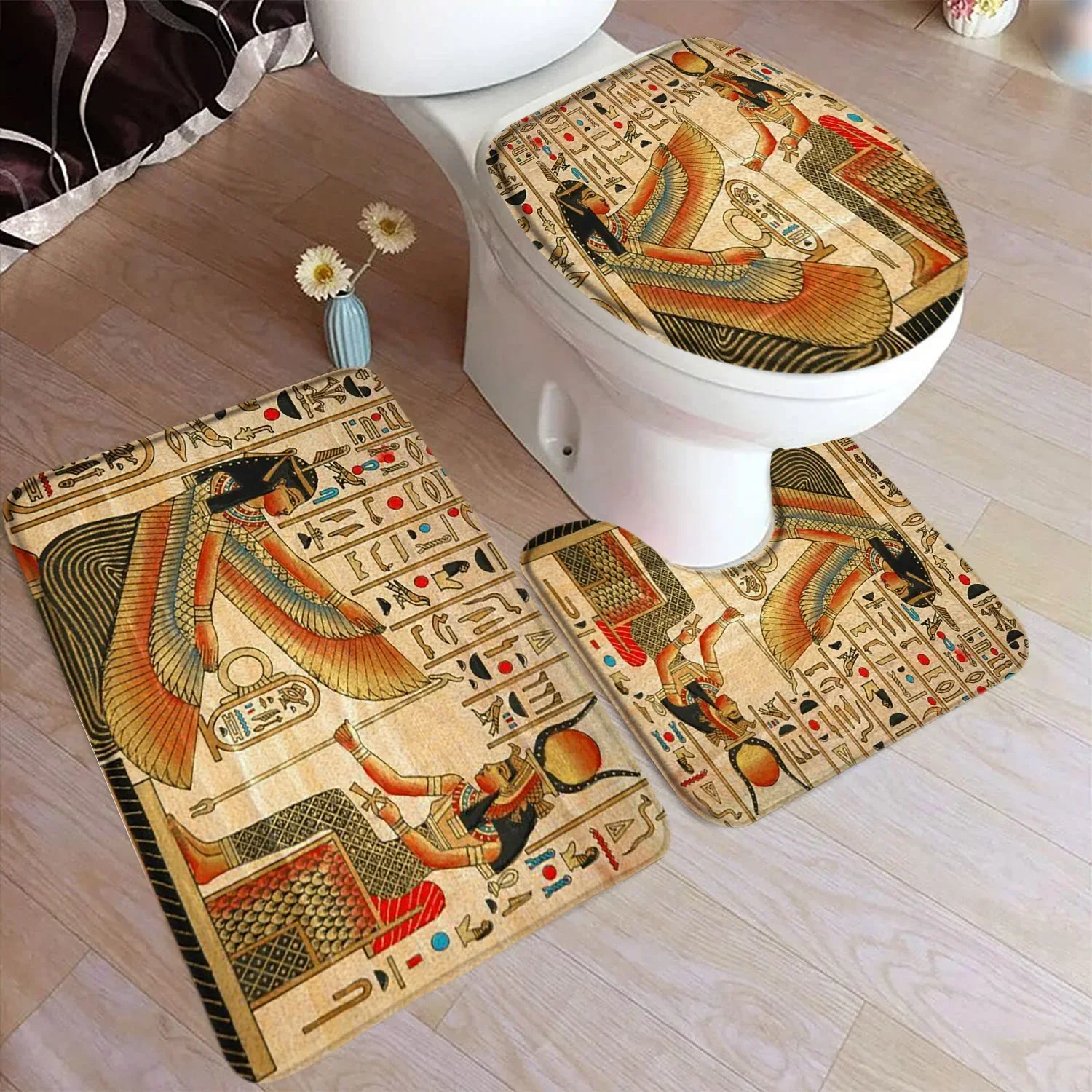 Vintage Egypt Bath Mat Set Brown Pyramid Temple Hieroglyphics Ethnic Style Home Carpet Bathroom Decor Doormat Rugs Toilet Cover