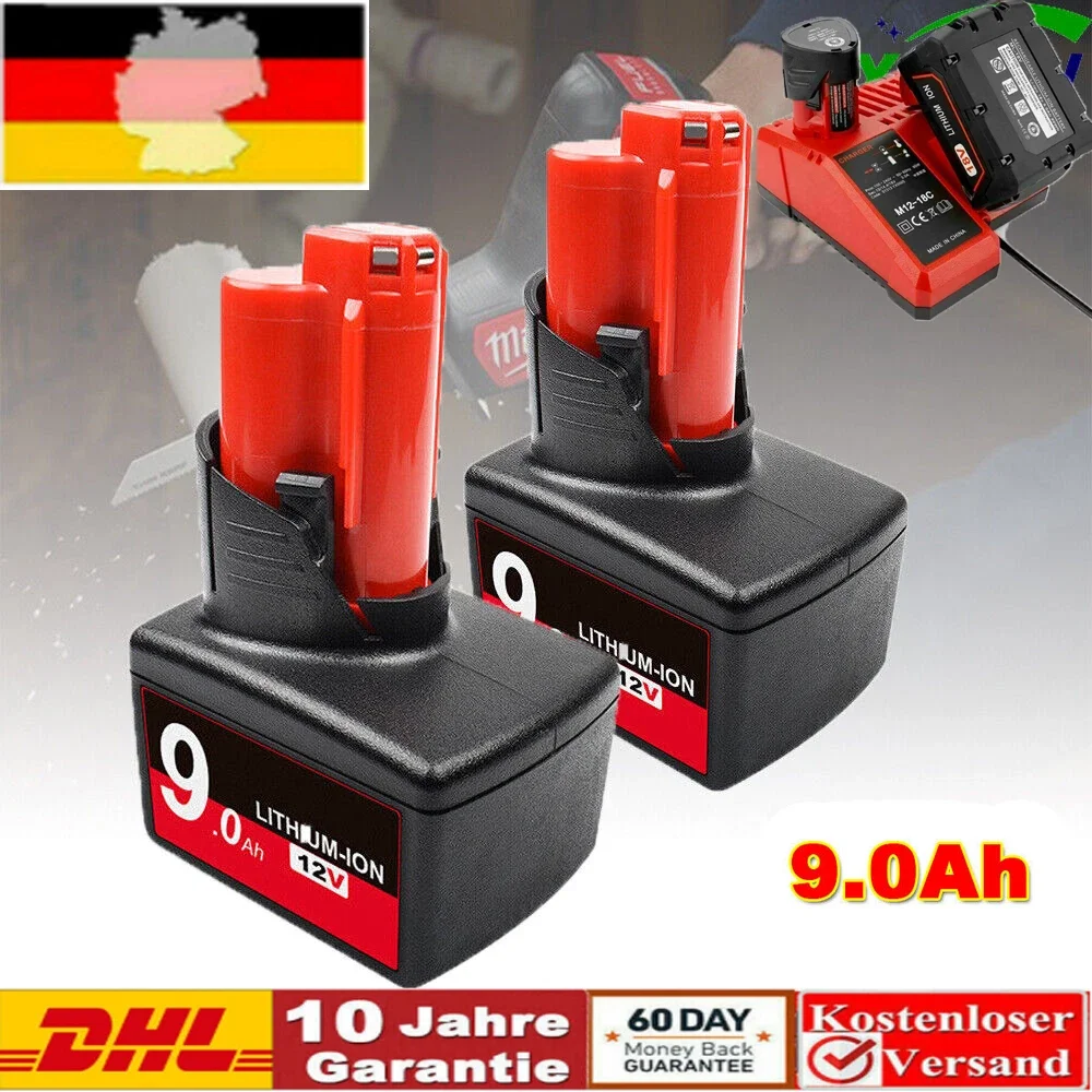 Für Milwaukee 12V Akku für Werkzeuge M12 12V M12B6 XC 9,0 Ah Li-Ion Akku-Bohrschrauber Lithium-Ionen-Akkus 48-11-2402