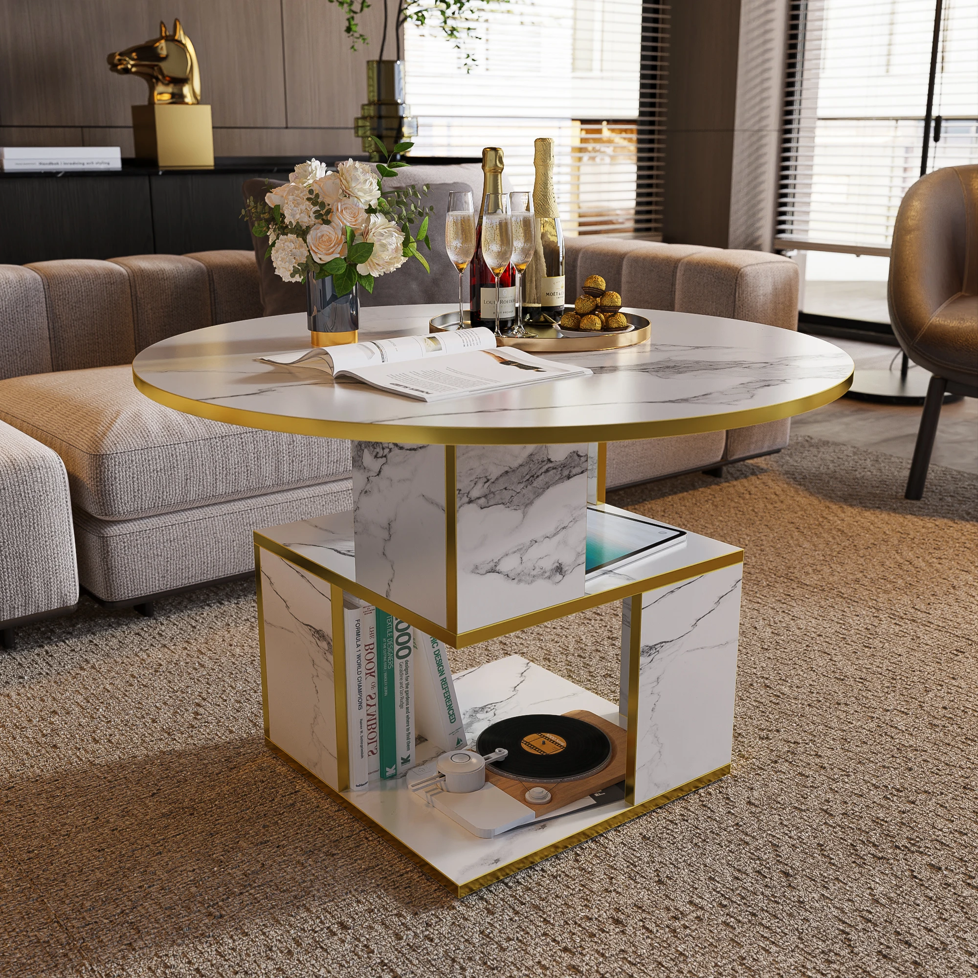 

3-Tier Round Coffee Table with Storage, Modern Coffee Table for Living Room, Wooden Tabletop-Marble White with Gold Frame