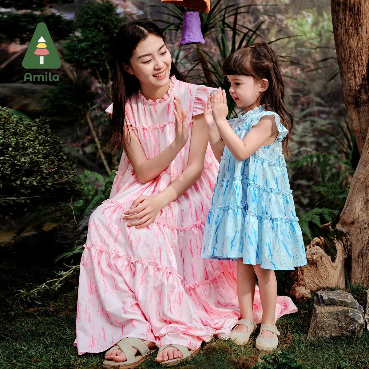 Amila 2024 Summer New Girls Family Dress Sweet Comfortable and Breathable Mother &Daughter Floral Princess Dress