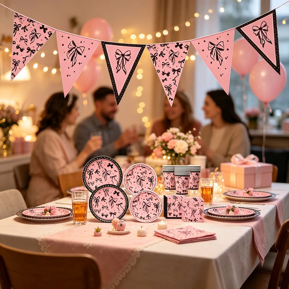 Kit de Décoration de Fête Rose et Noir avec Nœuds en Ruban – Élégance et Élégance pour Célébrations, Festivals, Fiançailles, Banquets et Anniversaires – Décoration de Table