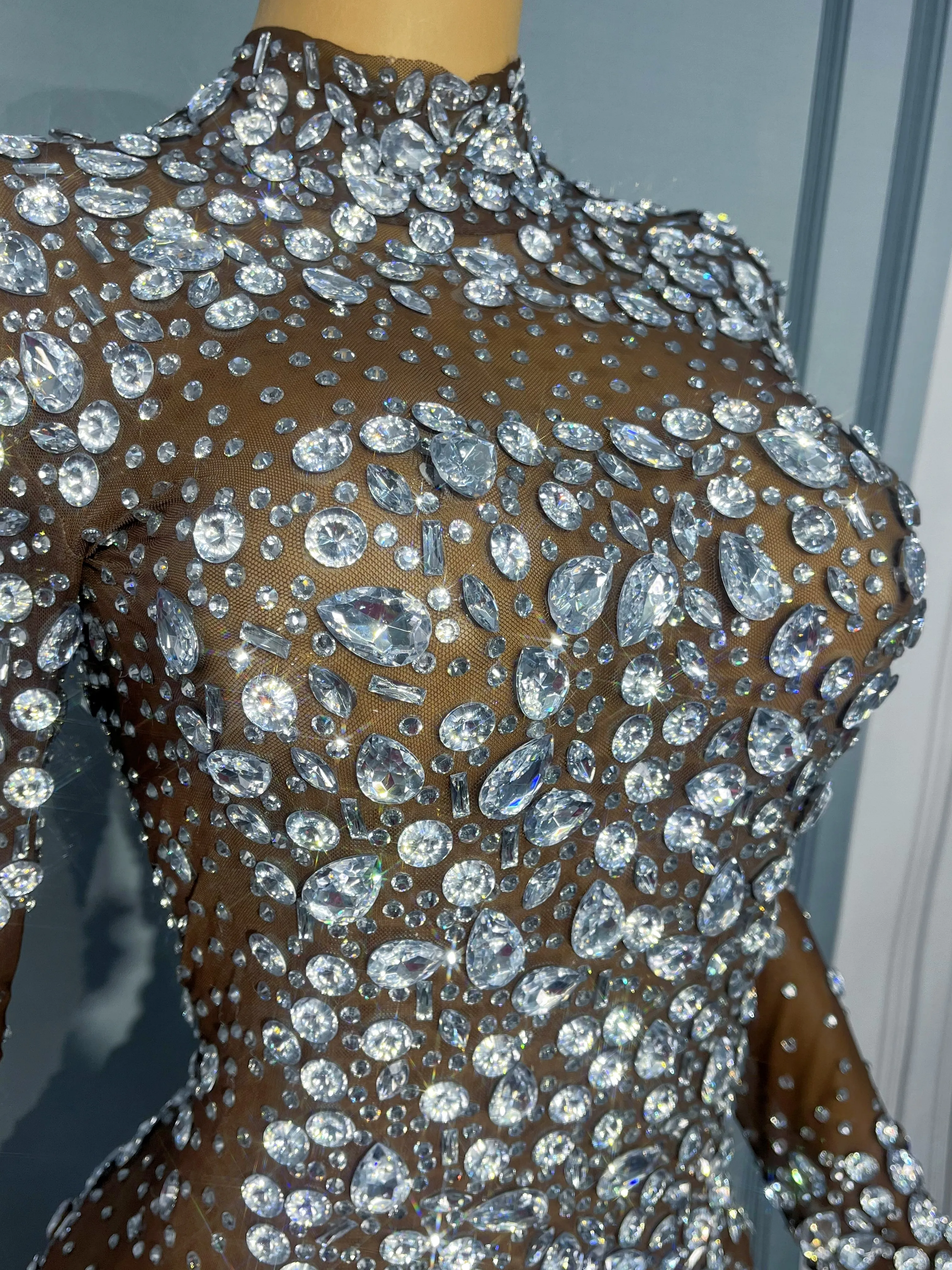 Blingbling srebrna duża suknia wieczorowa z kryształkami Lady eleganckie urodziny seksowne błyszczące rozciągliwe body ubrania taneczne cuixing