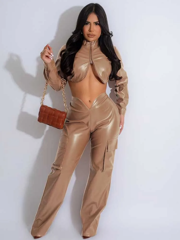 Winter 2 Piece Sets Women Outfit Luxury Elegant Long Sleeve Zipper Short Jacket and Long Leather Pant Sexy Club Outfit for Women