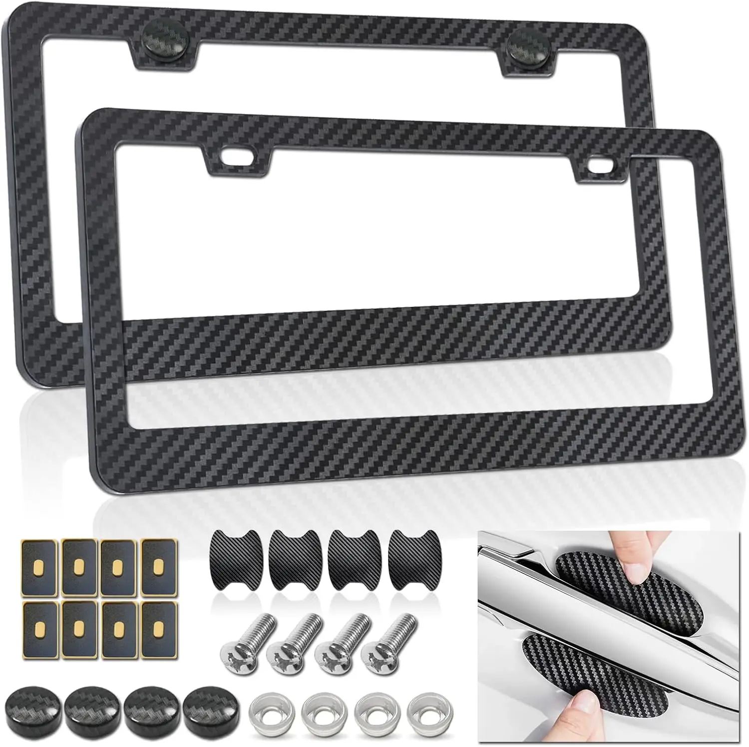 

Carbon Fiber License Plate Frames 2 Pack, Black ABS Plastic Car Tag Holder with Screw Caps, Fit US Standard Plates, Rust-Proof