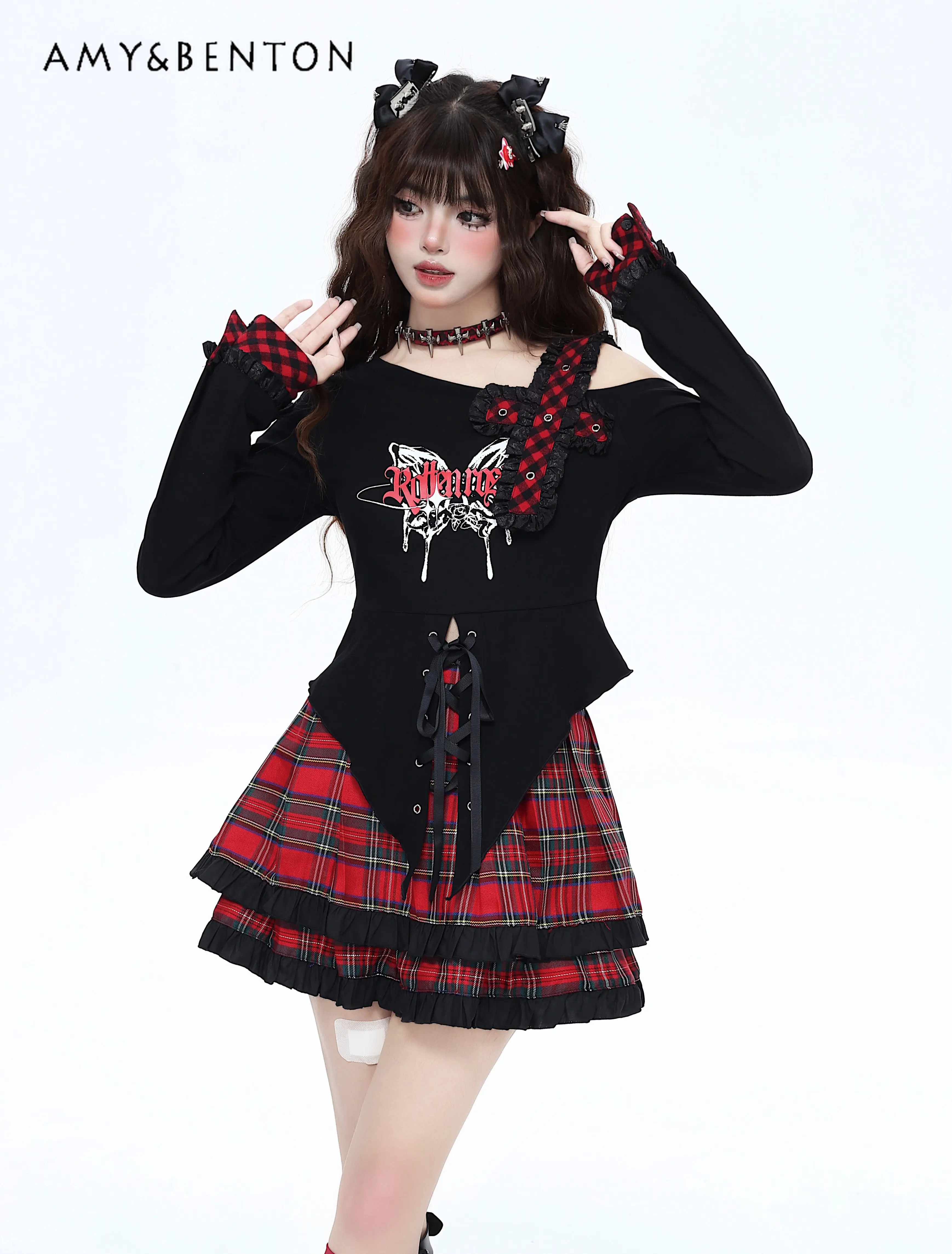 

Spring and Autumn New Subculture Sweet and Spicy Girl Irregular Tie Long Sleeve Waist Slim Fit Black Red Gray Plaid T-Shirt
