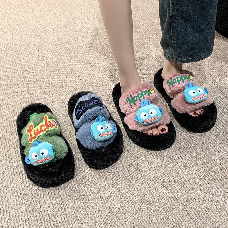 Sanrio Hanton cute plush women's cotton slippers autumn and winter thick-bottomed non-slip lightweight open-toed home slippers