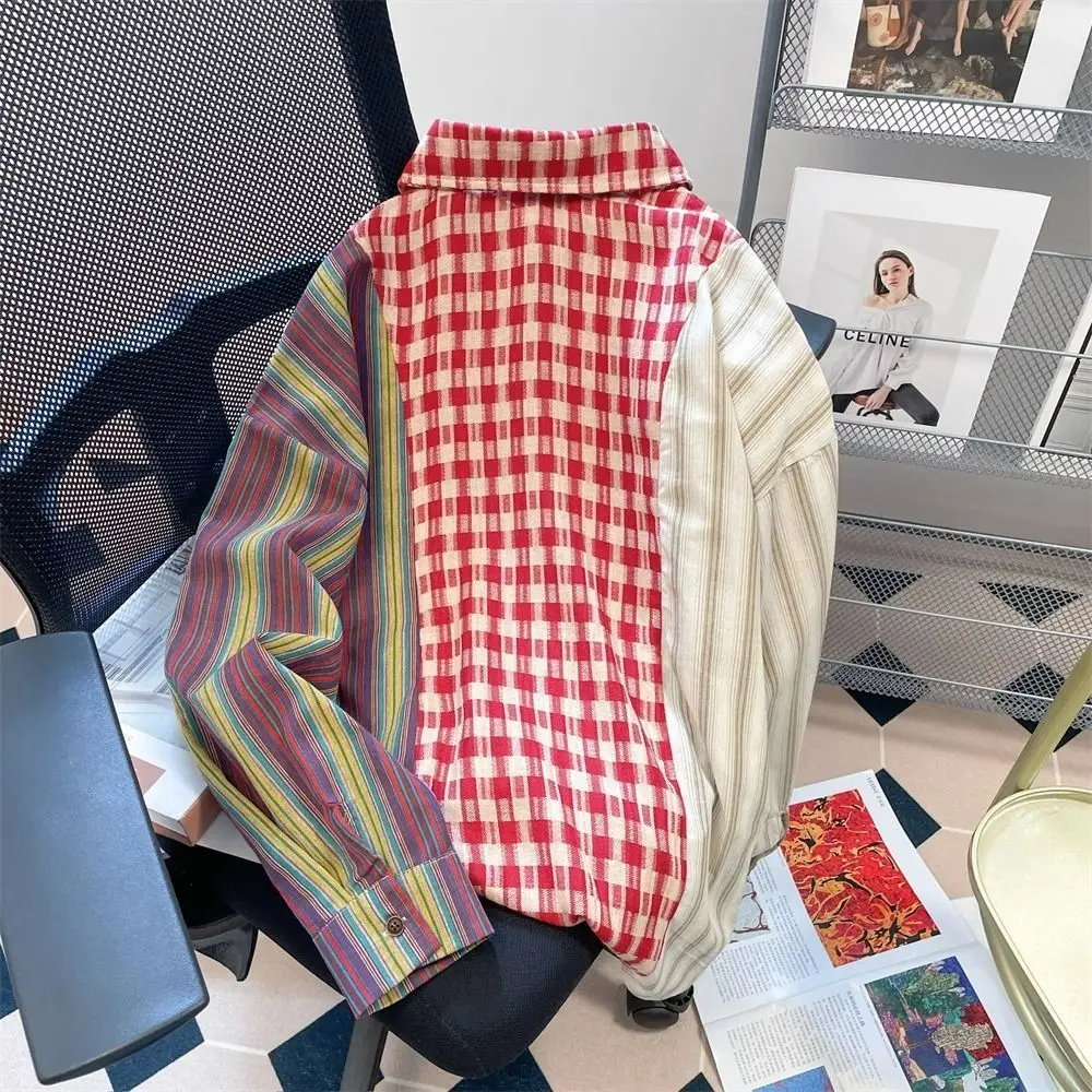Women Clothes Vintage Plaid Patchwork Striped Blouse Autumn Loose Trend All-match Turn-down Collar Long Sleeve Pocket Shirts