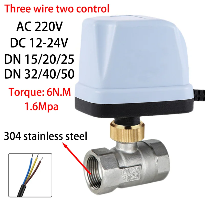 AC220V DC12V-24V Electric Thread 304 Stainless Steel Ball Valve 2-control 3-wire Solenoid Water Valve Actuator, DN15~DN50