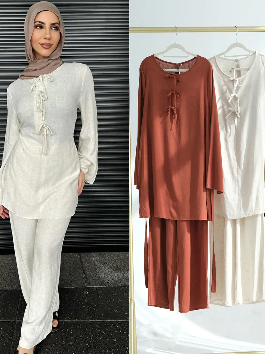 

Muslim Women Turkey Dubai Abaya Linen Cotton Long Dress Two-Piece Set Solid Color Modest Ramadan Robe Femme Islam Clothing Set