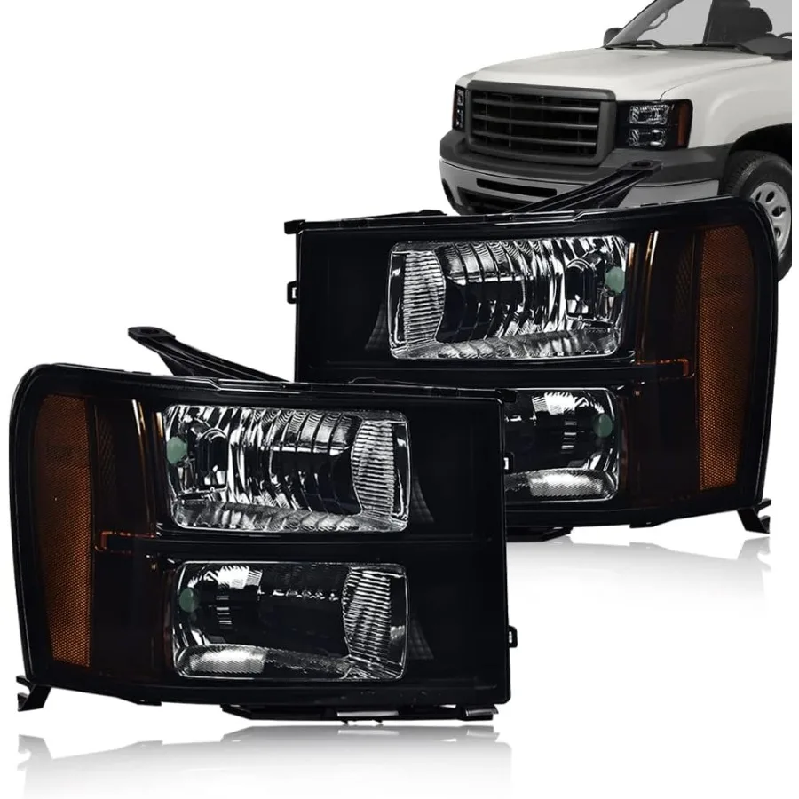 

Headlights Compatible with 2007-2013 GMC Sierra 1500 2500HD 3500HD Crystal Headlight Smoky Lens Black Housing Amber Reflector 25