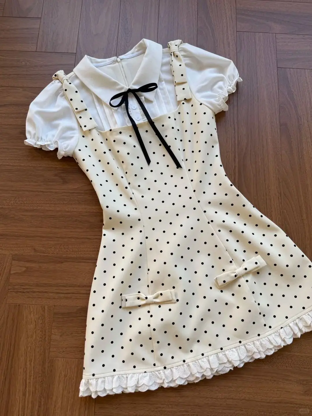 Elegant Vintage Short Sleeve Woman Bow Lace Princess One Piece Polka Dot Mini Dress Slim Evening Party Retro Fairy Kawii Sweet
