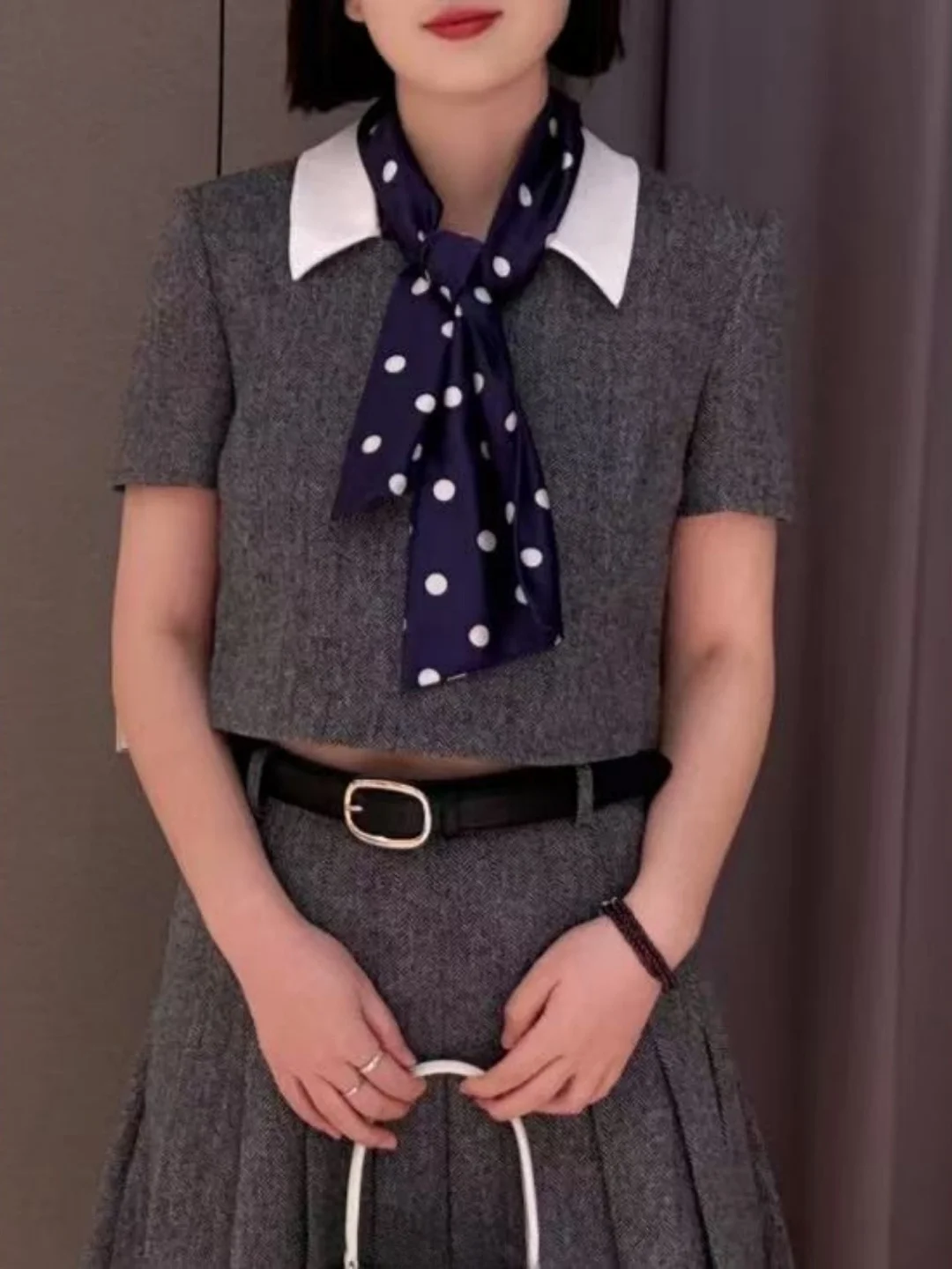 

ay Шарф в горошек, украшенный съемным воротником ort Sve irt для женщин, для поездок на работу, с высокой талией, другой материал 00%