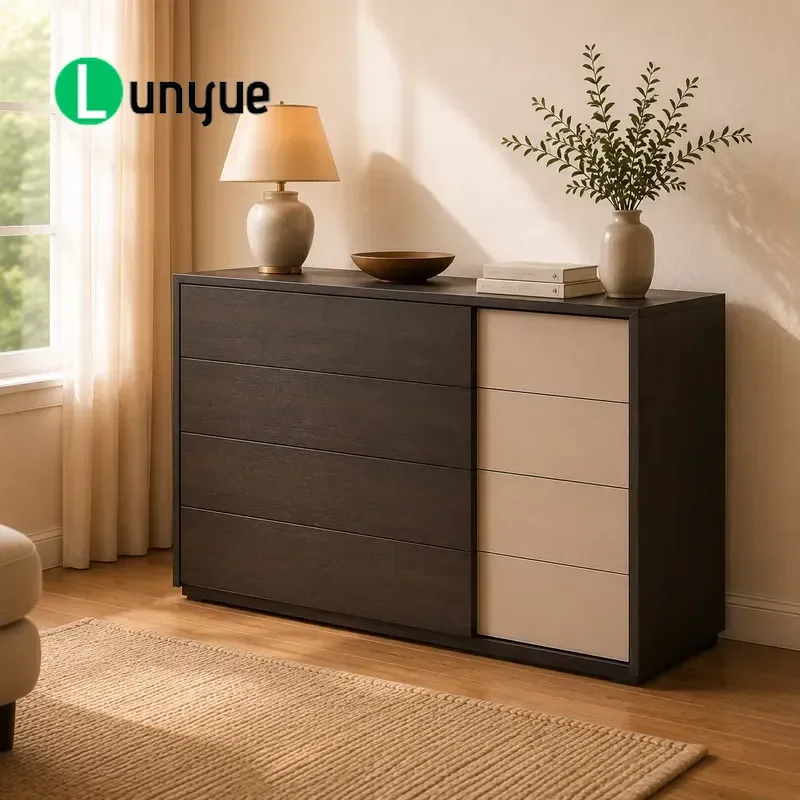 Modern Eco-Friendly Solid Oak Dark Wood Side Cabinet Mixed Color Drawer Design Living Room Storage Furniture