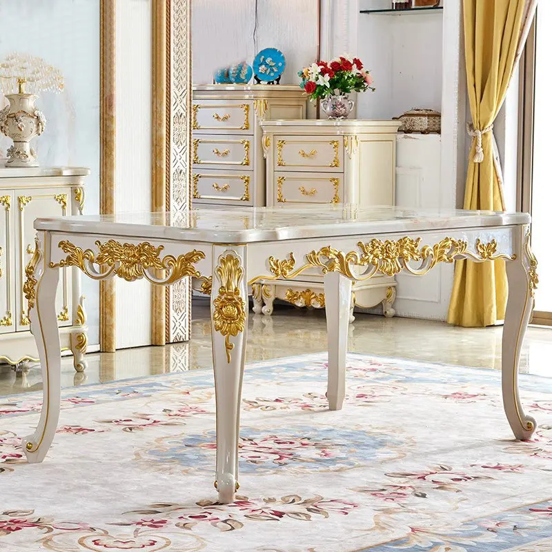 طاولة طعام رخامية، مستطيلة من الخشب الصلب بالكامل، طاولة طعام منزلية، غرفة معيشة فاخرة مطلية بالذهب الأبيض