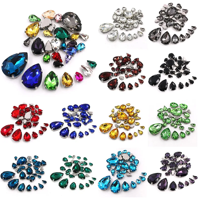 20 sztuk / worek Kształt łzy Mix rozmiarów Szklany kryształ Pointback Claw Setting / Cup Rim Rhinestones do odzieży / dekoracji ślubnych