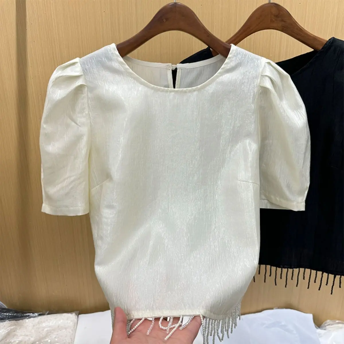 

shirt, bubble sleeved chiffon top, women's short sleeved summer imitation silk t-shirt shirt, 2024 new model