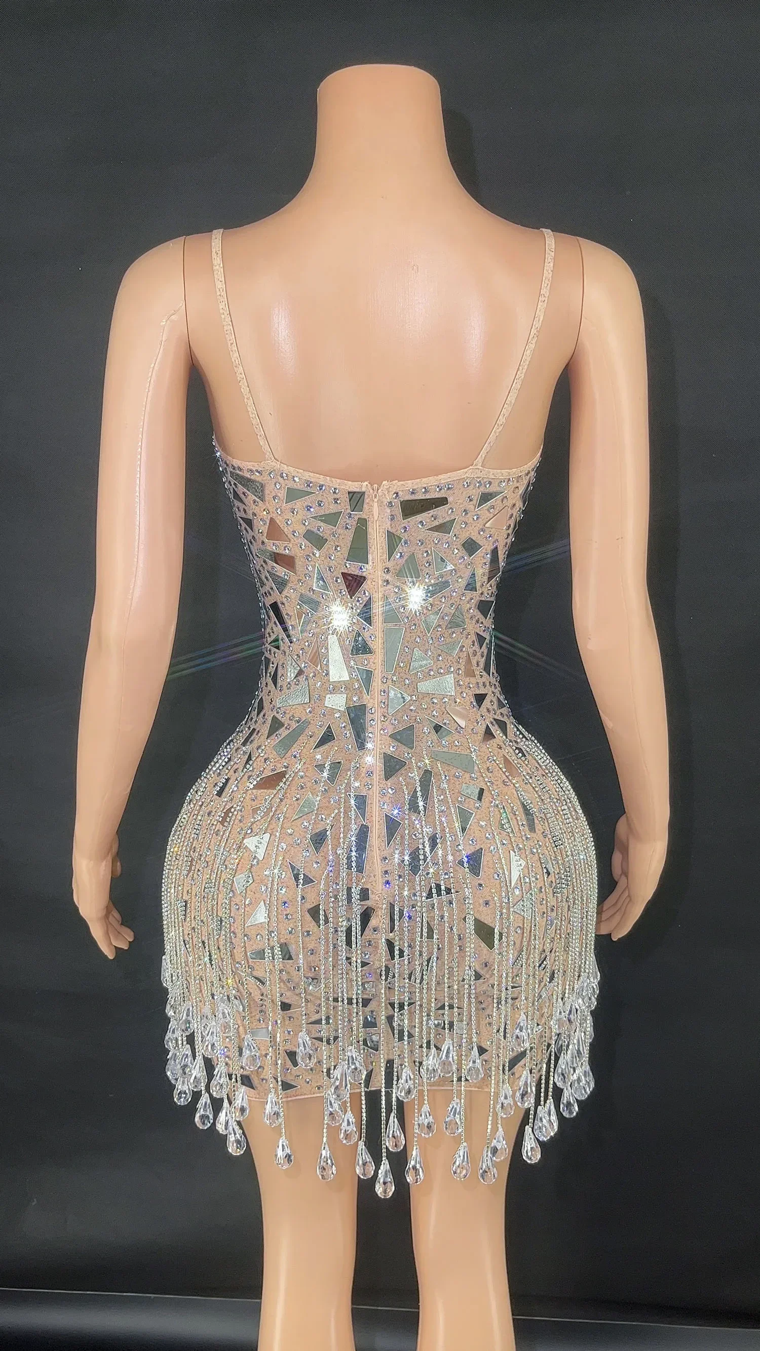 Personalizado novo borlas malha renda transparente alta elástica manga curta lantejoulas sexy apertado vestido de festa palco desempenho vestido